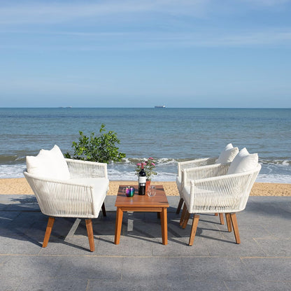 SAFAVIEH Outdoor Collection Velso Beige/Beige/Natural Solid Wood 4-Piece Conversation Patio Set