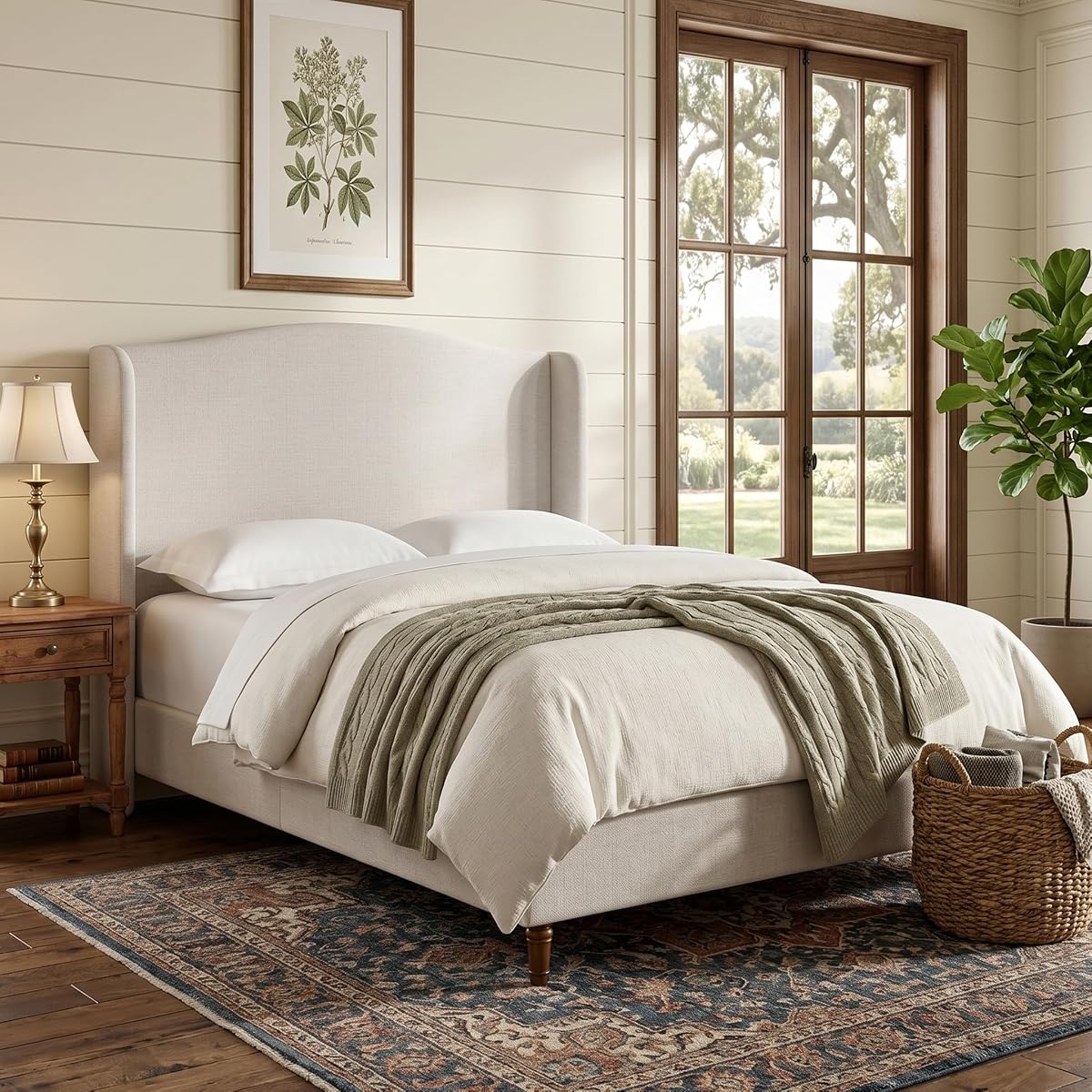 Queen Size Upholstered Platform Bed Frame with 54" Tall Wingback Headboard