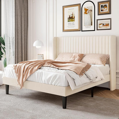 Queen Size Velvet Bed Frame with Vertical Channel Tufted Wingback Headboard, Upholstered Platform Bed with Wood Slats, No Box Spring Needed, Easy Assembly, Cream White