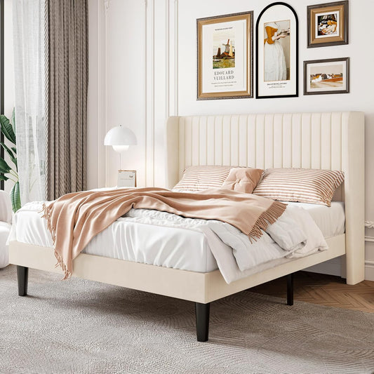 Queen Size Velvet Bed Frame with Vertical Channel Tufted Wingback Headboard, Upholstered Platform Bed with Wood Slats, No Box Spring Needed, Easy Assembly, Cream White