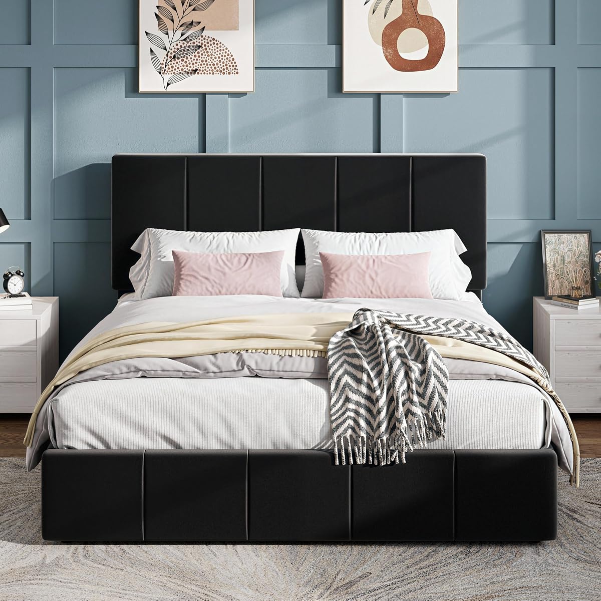 Queen Size Bed Frame, Velvet Upholstered Platform Bed, Black