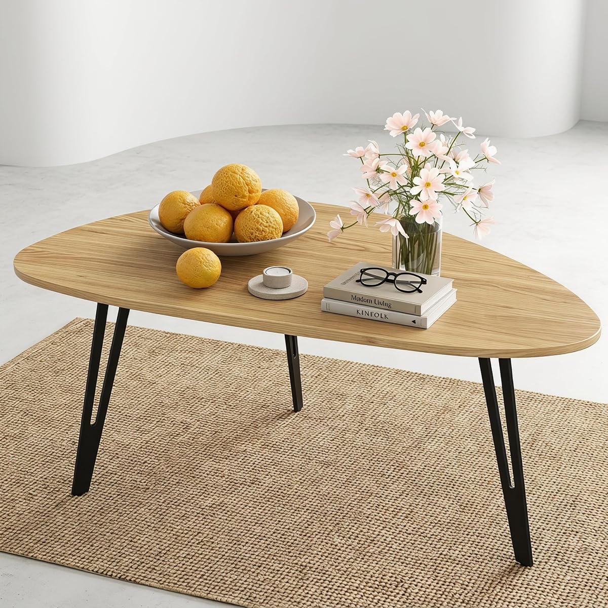 Modern Mid Century Coffee Table, Oval Triangle Wood Center Table with Sturdy Metal Legs, Stylish Living Room Accent Table for Small Spaces