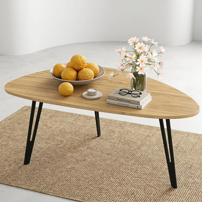 Modern Mid Century Coffee Table, Oval Triangle Wood Center Table with Sturdy Metal Legs, Stylish Living Room Accent Table for Small Spaces