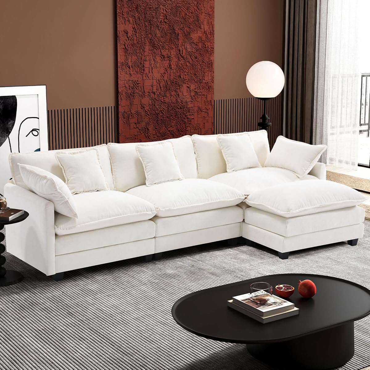 111.4" L Shaped Modern Sofa Modular Sectional Cloud Couch with Ottoman, 4-Seat Chenille Deep Seat Sofa with Pillow for Living Room, Bedroom and Apartment, Beige