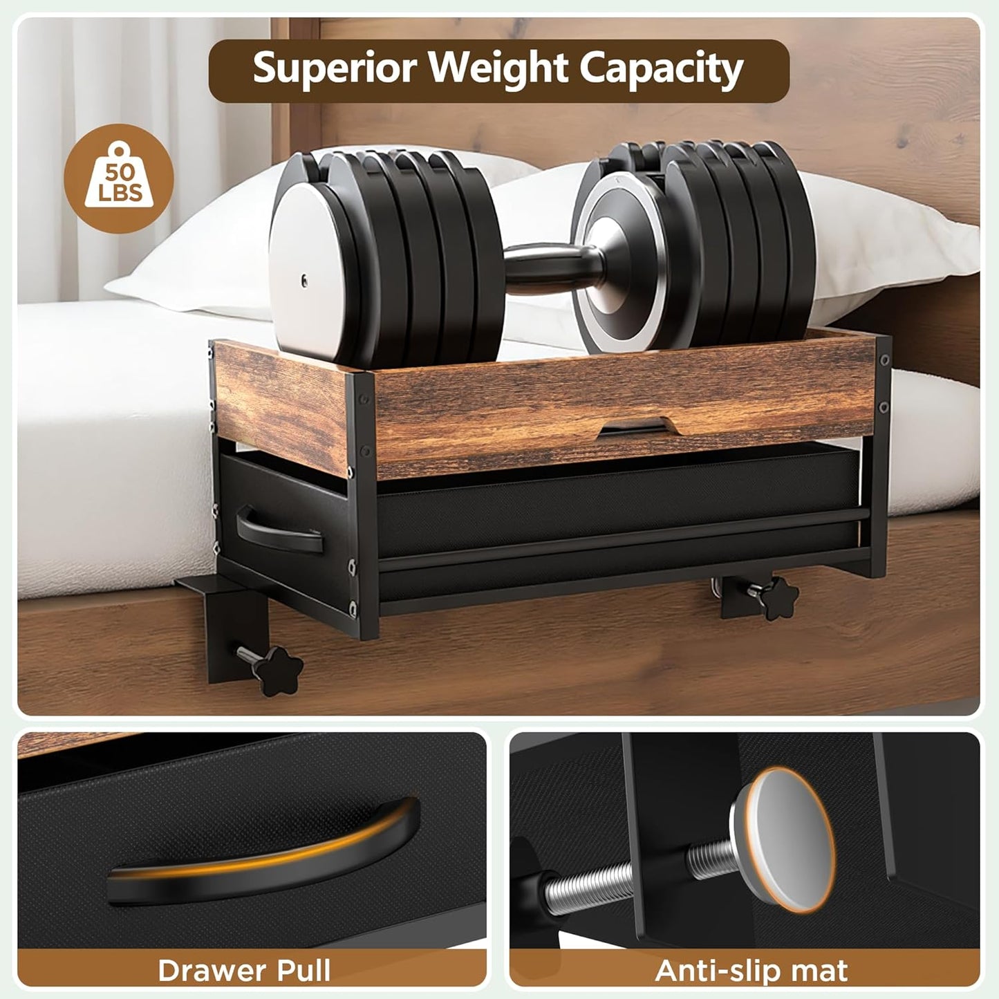 2 Tier Dorm Bed Shelf, Bedside Shelf for Dorm Top Bunk, Nightstand Bedside Table Tray with Fabric Drawer & Storage Box, Bunk Bed Shelf Bedside Tray with Cable Management for Dormitory