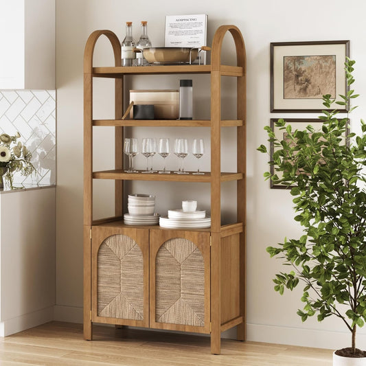 Leah Arched Bookcase, 3-Tier Bookshelf with Storage Cabinet Base, Seagrass Door Fronts and Solid Wood Frame, Light Brown