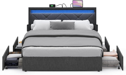 Queen Bed Frame with 51.4 Inch Tall Storage Headboard, Bed Frame Queen Size with 4 Storage Drawers on Wheels, LED Lights, Charging Station, No Box Spring Needed, Modern, Dark Gray URMB891G02