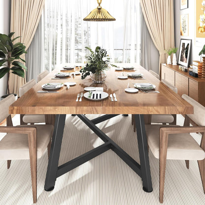 71" Farmhouse Solid Wood Dining Table for 4 6 8 People, Rustic Large Wooden Kitchen Table Rectangular Hardwood Top with Steel Leg X-Base, Home Office Kitchen Furniture, Oak