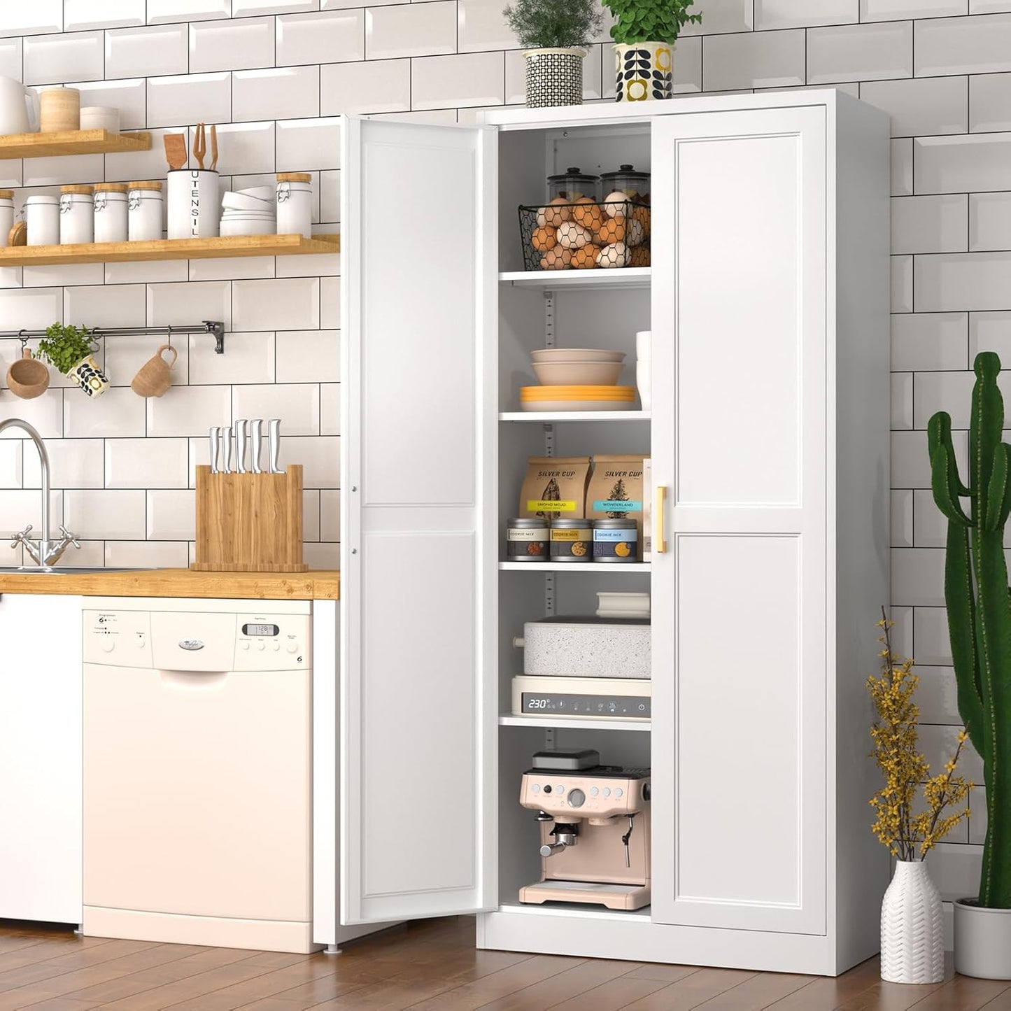 White Kitchen Pantry Cabinet, 71 Inch Tall Metal Storage Cabinet with Doors and Shelves, Pantry Cabinets for Kitchen Storage, Freestanding Cupboard for Living, Dining Room, Assemble Required