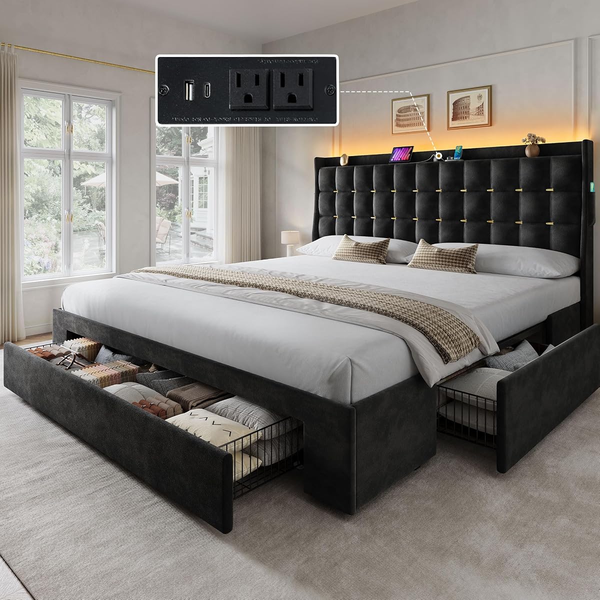 King Size Bed Frame with 3 Storage Drawers and RGB LED Lights