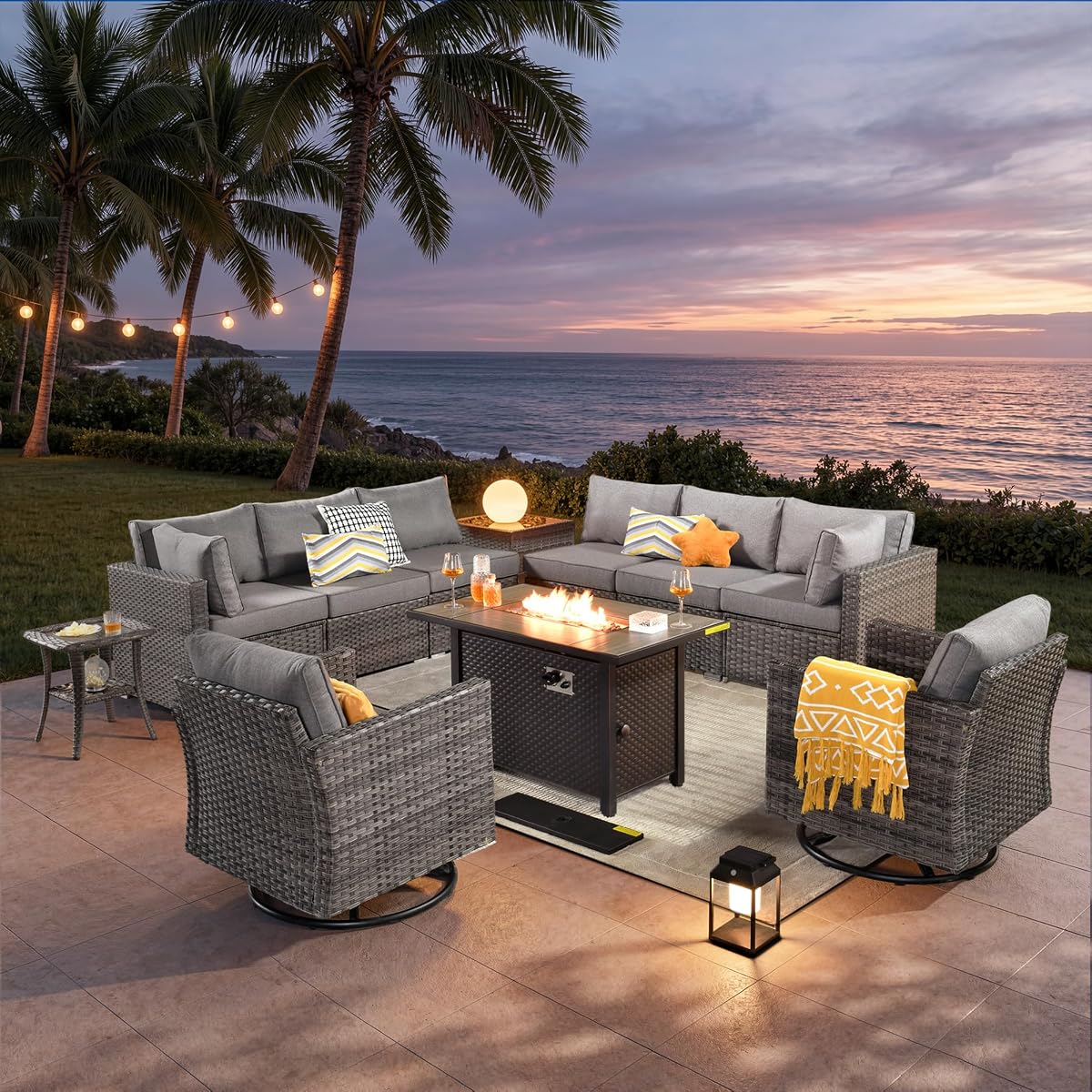 11 Piece Outdoor Patio Furniture Set with Fire Pit Table,Conversation Sectional Wicker Couch with Swivel Chairs,Modern Outside Sofa for Balcony Backyard, Dark Grey