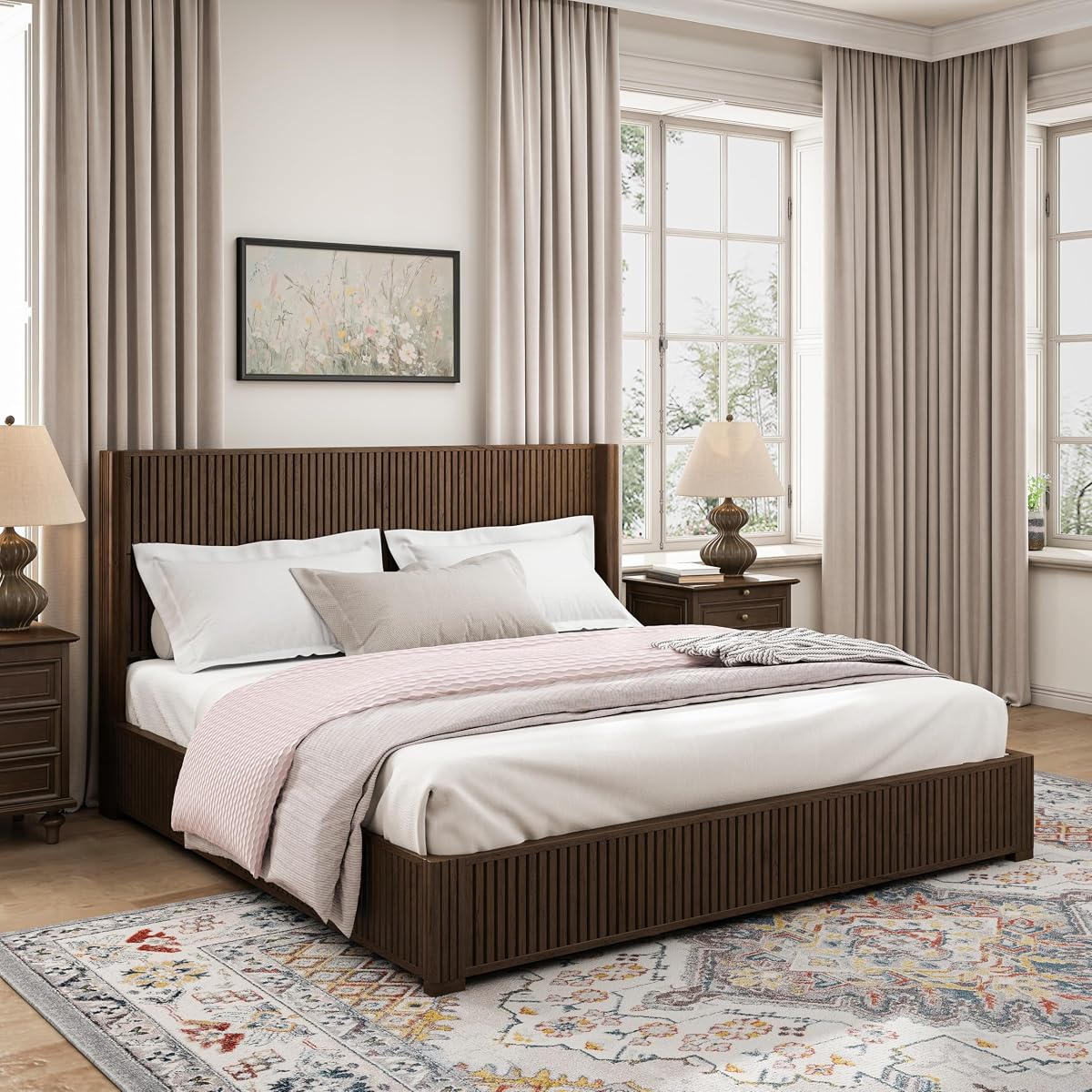 King Size Solid Wood Platform Bed Frame with wingback Headboard