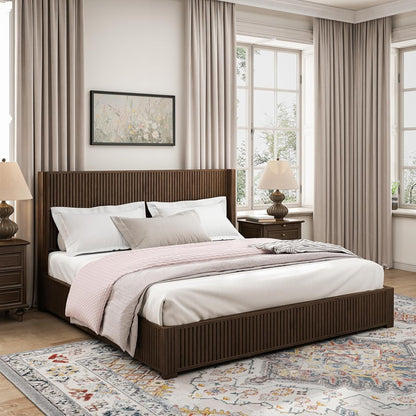 King Size Solid Wood Platform Bed Frame with wingback Headboard