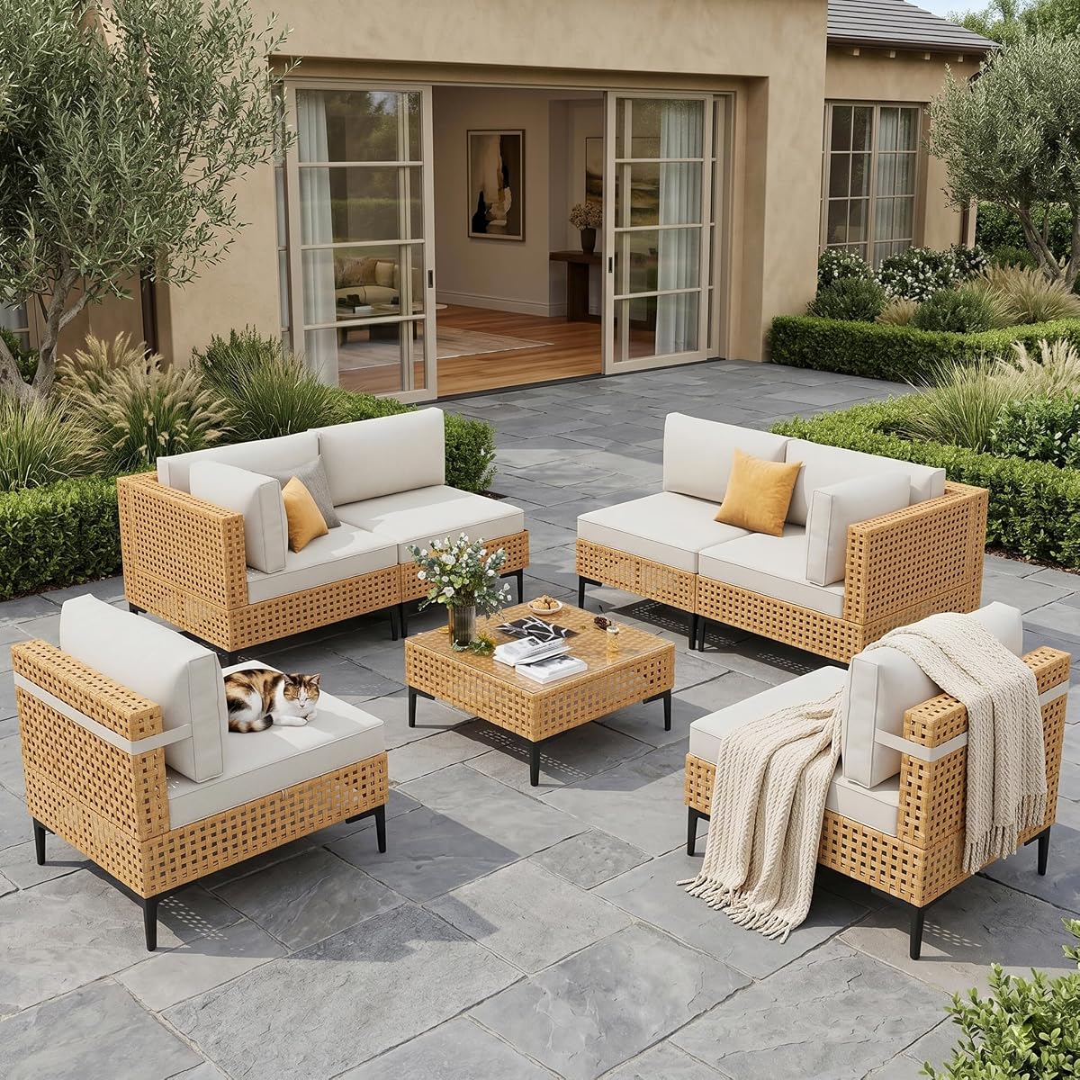 Patio Furniture Set 7 Piece Large Modular Outdoor Sectional Free Combination Outdoor Furniture with Thick Cushion All Weather Wicker Boho Patio Conversation Sets for Porch, Deck