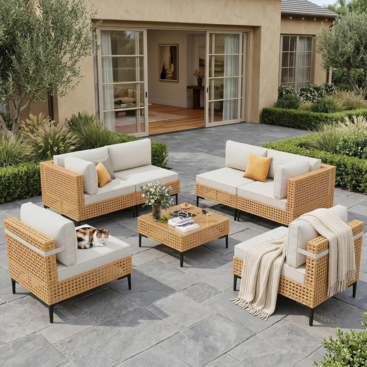 Patio Furniture Set 7 Piece Large Modular Outdoor Sectional Free Combination Outdoor Furniture with Thick Cushion All Weather Wicker Boho Patio Conversation Sets for Porch, Deck