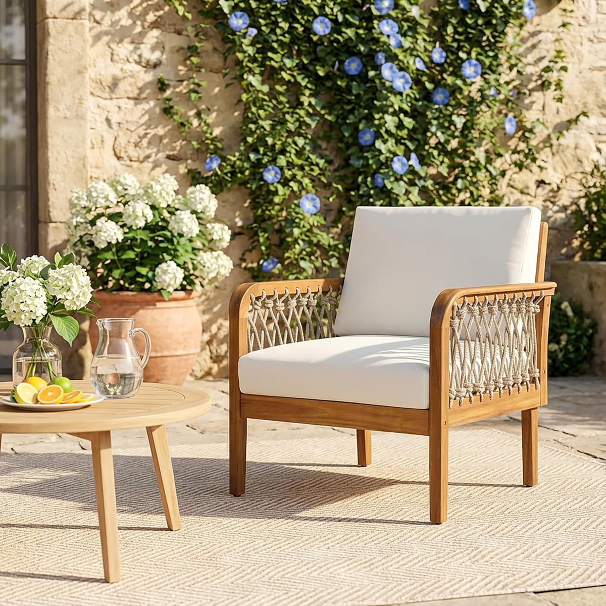 Arami Acacia Wood Lounge Chair Outdoor with Removable Cushion, Solid Wood Patio Accent Chair with Rope Weave Design, Patio Furniture Set Sofa Chair, Beige+Cream+Teak