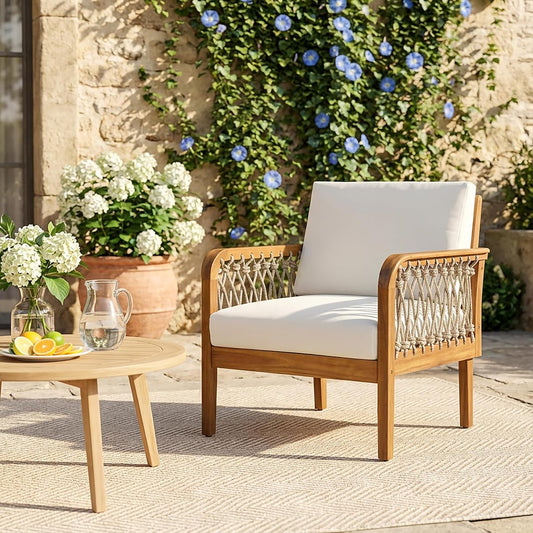 Arami Acacia Wood Lounge Chair Outdoor with Removable Cushion, Solid Wood Patio Accent Chair with Rope Weave Design, Patio Furniture Set Sofa Chair, Beige+Cream+Teak