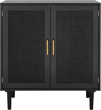 Sideboard Buffet Kitchen Storage Cabinet with Black Painted Rattan Decorated Doors, Dining Room, Hallway, Cupboard Console Table, Liquor/Accent Cabinet, 31.5X 15.8X 34.6 Inches, Black
