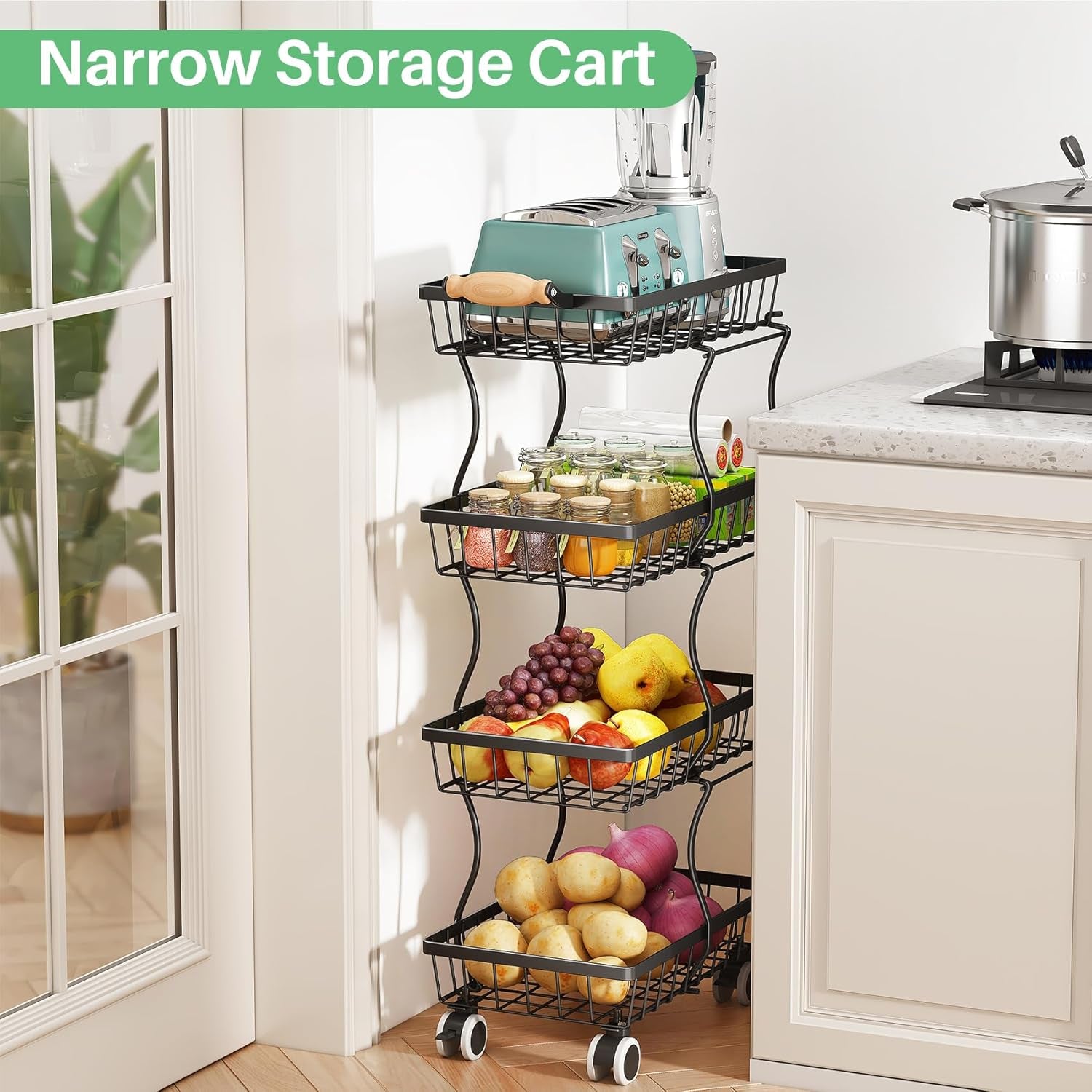 Fruit Basket Kitchen Pantry Organizers and Storage - 4 Tier Stackable Metal Wire Basket Stand for Fruit Vegetable Snacks Jars Bins Containers Organization, Black