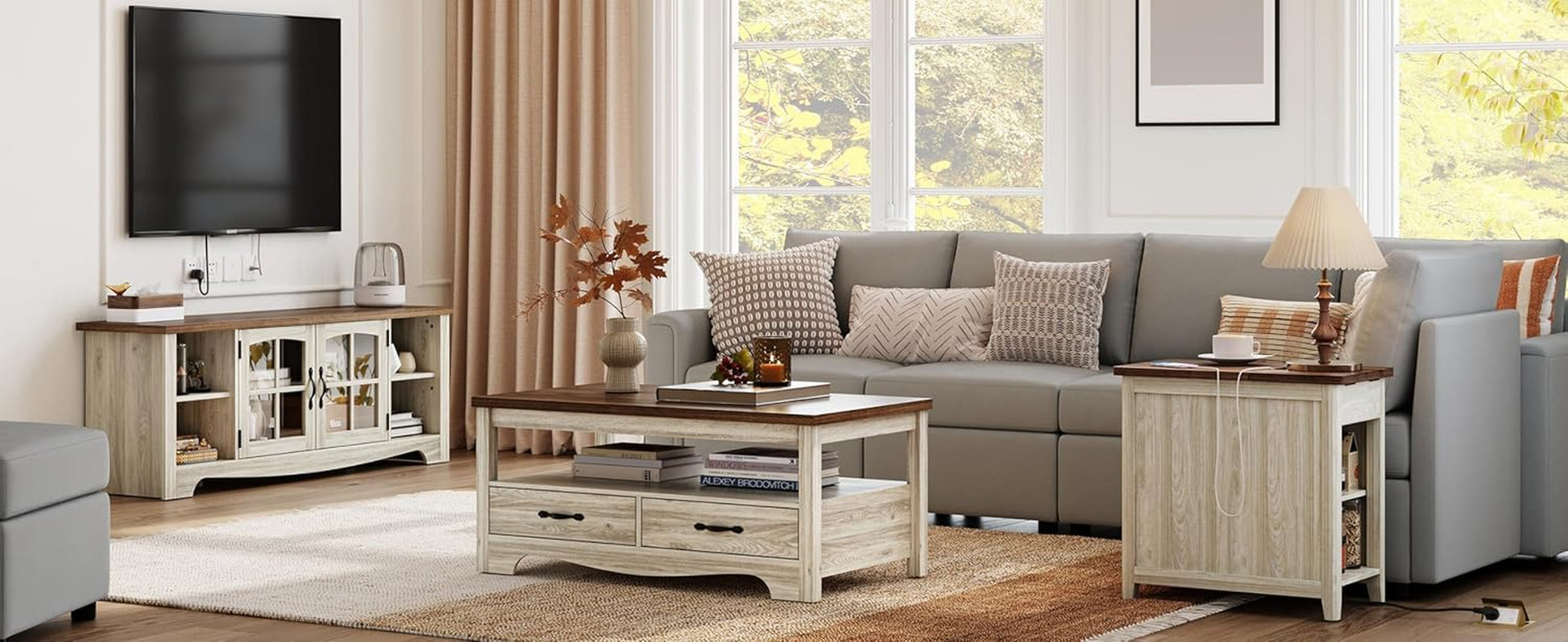 Living Room Table Sets 4 Piece with TV Stand, Farmhouse TV Stand for 65 Inch TV, Coffee Table with Drawers, Two End Table with Charging Station, Washed Gray