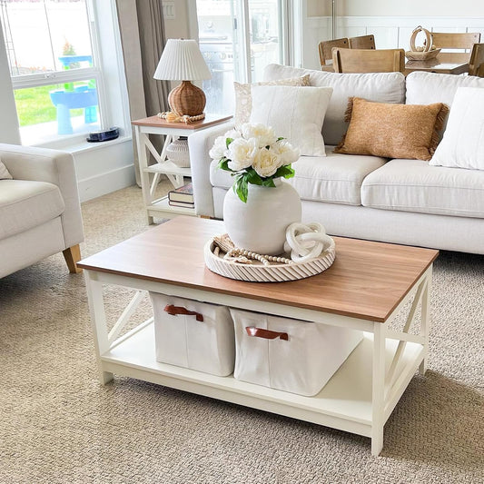 Farmhouse Coffee Table for Living Room, White Coffee Tables with Storage Rustic Style Modern