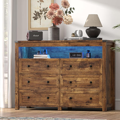 Dresser for Bedroom with 6 Drawers, LED Lights, Power Outlet, Brown