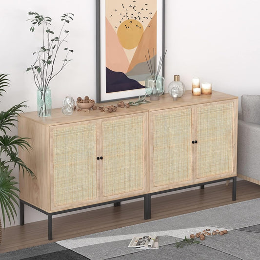 Rattan Sideboard Cabinet with 2 Doors, 31.5" Boho Buffet Credenza with Metal Legs, Natural Cane Accent Storage Cabinet for Living Room, Dining Room, Entryway, Set of 2