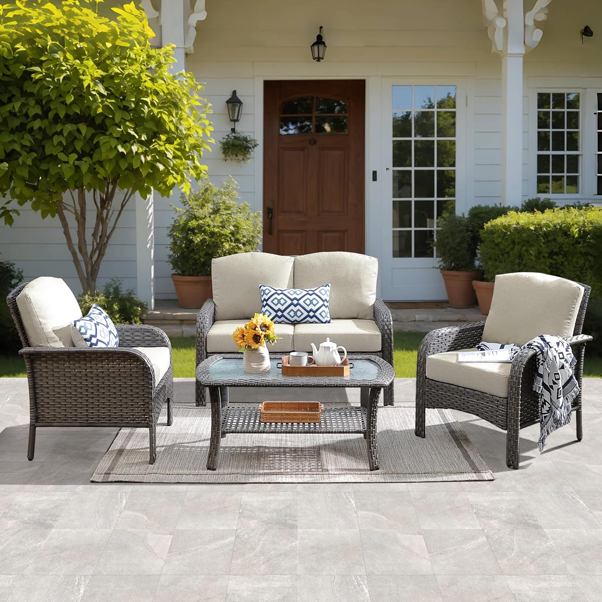 4-Piece Patio Furniture Set, Outdoor Wicker Sofa with Chairs Coffee Table, High Back Rattan Couch Loveseat with Comfy Cushions for Porch Yard Deck, Beige