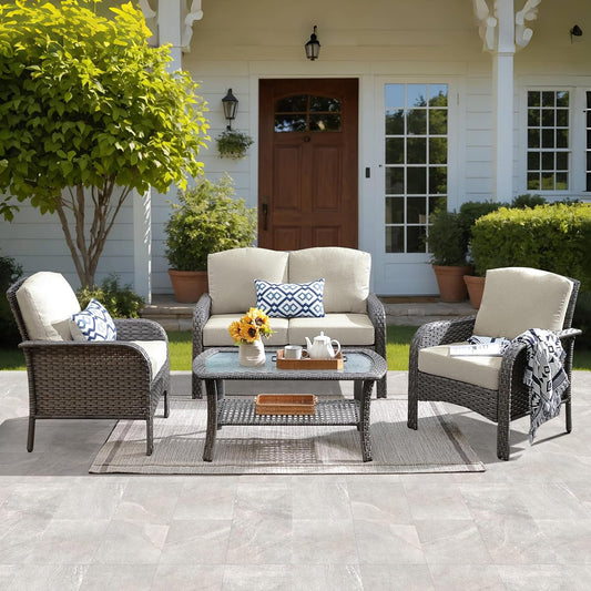 4-Piece Patio Furniture Set, Outdoor Wicker Sofa with Chairs Coffee Table, High Back Rattan Couch Loveseat with Comfy Cushions for Porch Yard Deck, Beige