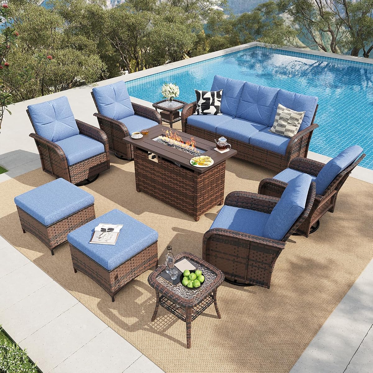 12 Piece Outdoor Patio Furniture Set with 44'' Fire Pit Table, Wicker Rattan Outdoor Furniture with High Back Swivel Rocker Chairs, Outdoor Sofa Set with Thick Cushion & Ottoman, Navy Blue