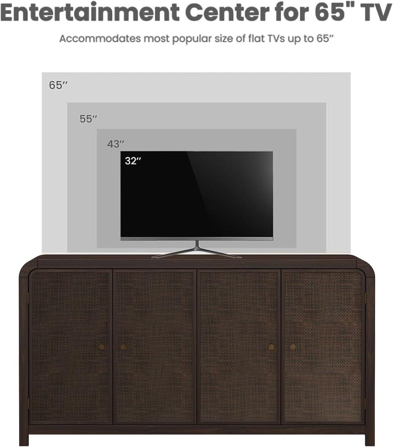 Oak Sideboard Buffet Cabinet with Storage, 60'' Boho Buffets & Sideboards with Adjustable Shelves, Rattan Sideboard Cabinet with 4 Doors for Living Room, Hallway & Kitchen