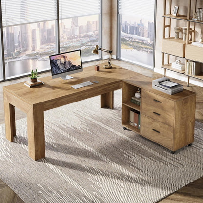 63" L Shaped Desk with Storage, Executive Office Desk with Rolling File Cabinet Combo, Large Computer Table with Drawers and Shelves, Business Furniture Set for Home Office, Brown