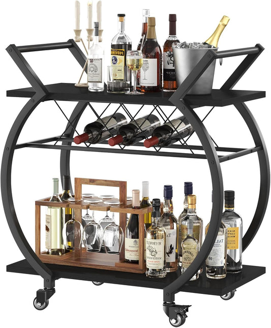 Black Wine Cart with Wheels, Modern Bar Cart with Wine Rack, Industrial Beverage Rolling Kitchen Serving Cart with Storage, Metal Wooden Microwave Drink Liquor Cart for Home Dining Room, Black Oak
