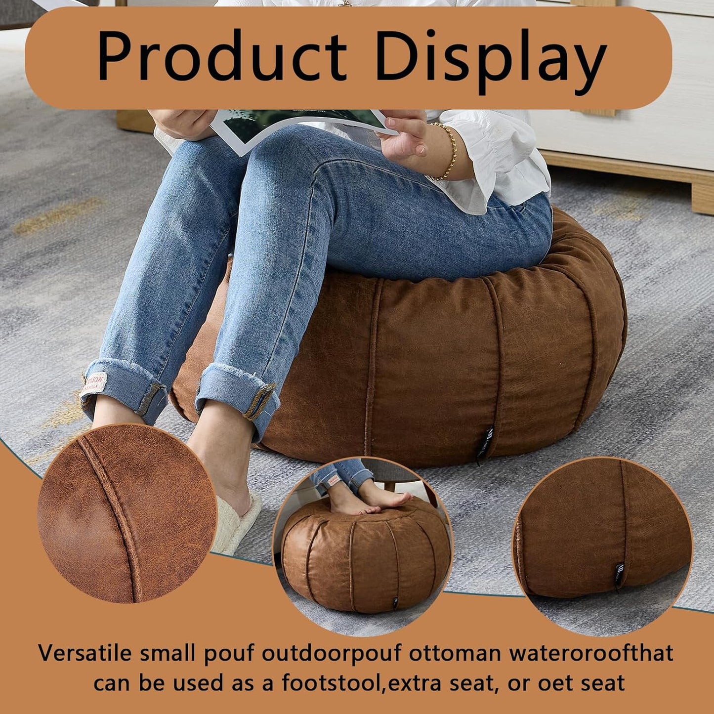Unstuffed Moroccan Ottoman Pouf Cover, Waterproof Handmade Faux Decor Storage Solution, Footstool Pouffe Cover Replacement Balcony Indoor 21Dia Chestnut Brown, ONLY Cover