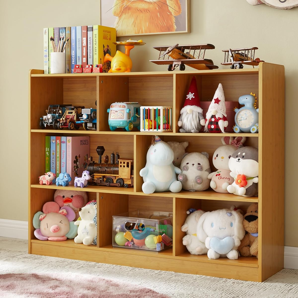 3-Tier Bookshelf, 8-Section Wooden Bookcase, Storage Organizer with Anti-Tilt Device, Modern Storage Display Cabinet for Living Room, Classroom, Kid’s Room (Natural), FJHL-011YE