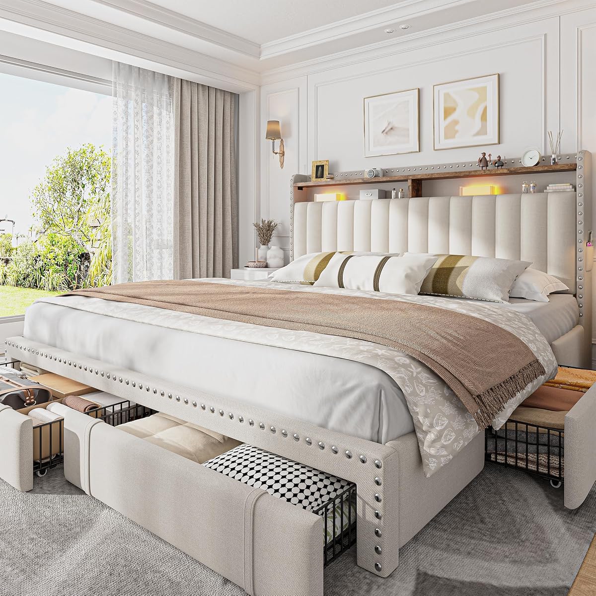 King Size Bed Frame with 4 Storage Drawers & Storage Headboard