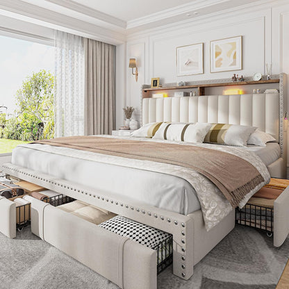 King Size Bed Frame with 4 Storage Drawers & Storage Headboard