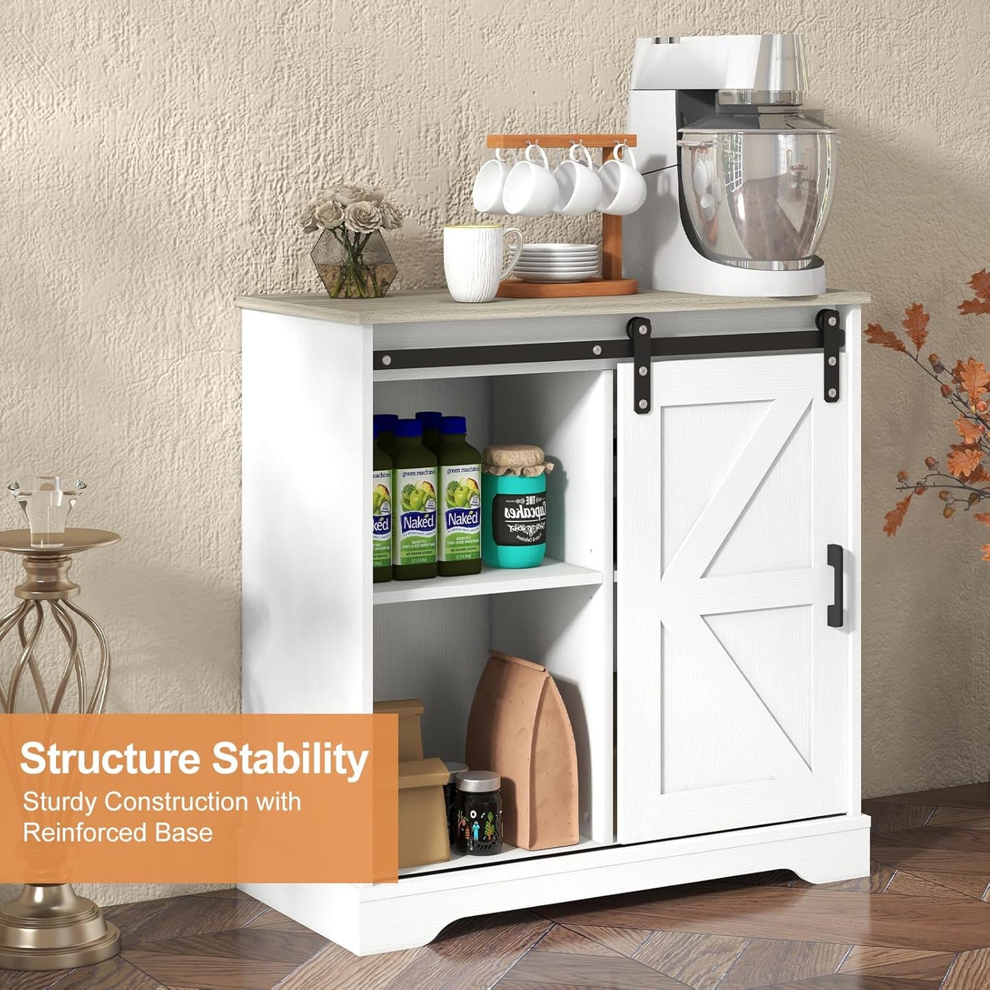 Sliding Barn Door Buffet Sideboard Storage Cabinet Coffee Bar Kitchen Farmhouse Style (White Cabinet Nature Top)