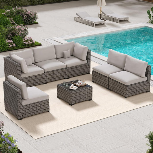 7 Piece Patio Outdoor Furniture Set, Outdoor Sectional, All-Weather Hand-Woven Wicker Patio Sectional Sofa, Rattan Outside Furniture with Grey Cushion and Glass Coffee Table