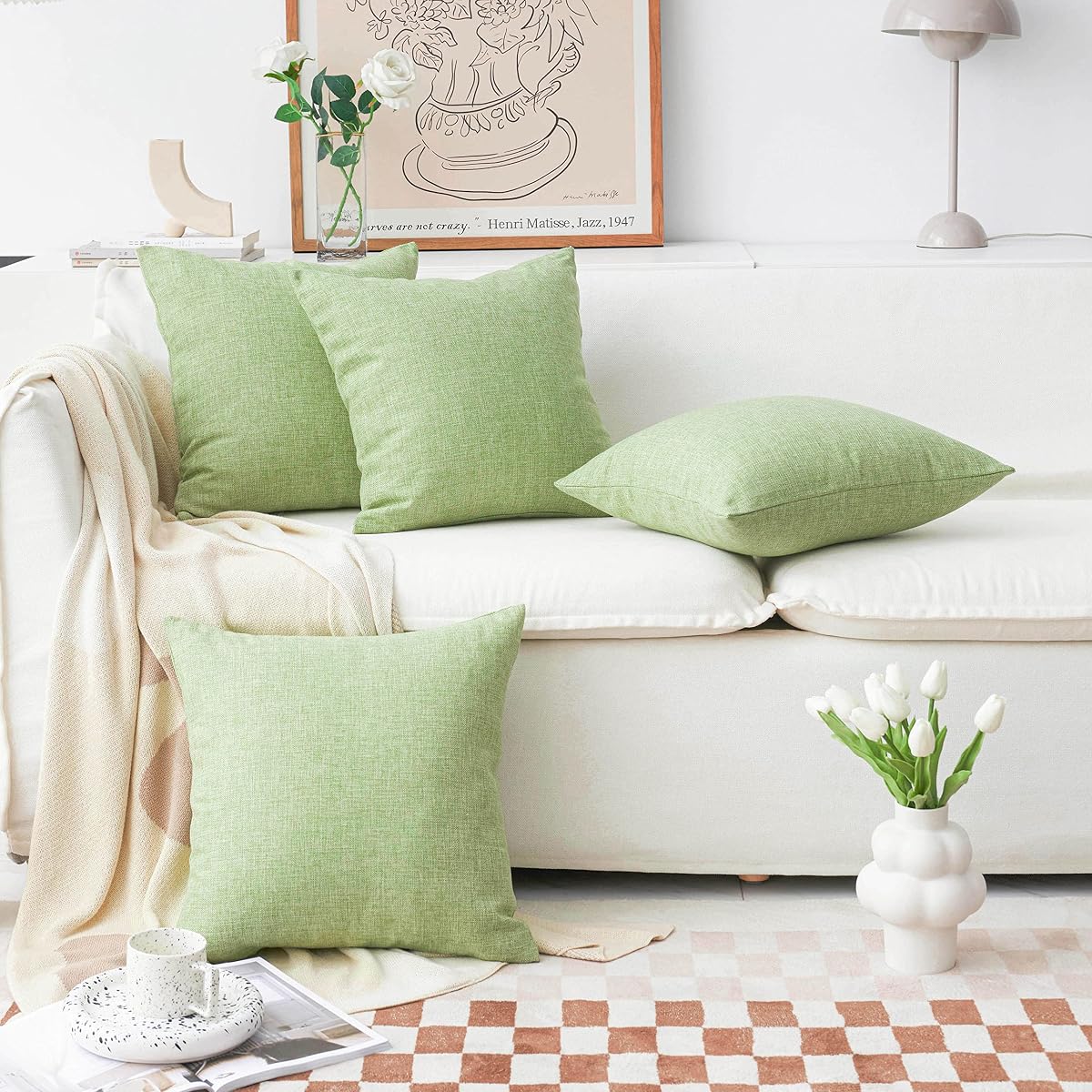 Pillow Covers Linen Textured Decorative Pillowcases for Bed Sage Burlap Sofa Pillows Slipcovers for Couch Living Room Decor, 18 x 18 inches, Set of 4, Grass Green