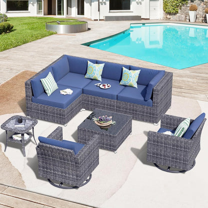 8 Piece Patio Sectional Furniture Set with Swivel Rocking Chairs,Modern Wicker Outdoor Conversation Sofa Sets,Weather Resistant Modular L Shaped Outside Couch Set(Denime Blue)