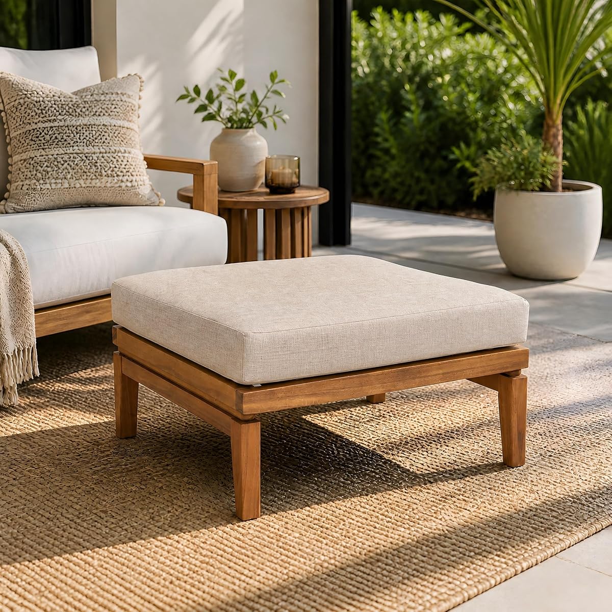 Ellie Outdoor Ottoman with Water-Repellent Cushion, Acacia Wood Patio Ottoman, Outdoor Foot Stool for Patio Furniture Set, Versatile Stools for Balcony Garden, Beige+Teak