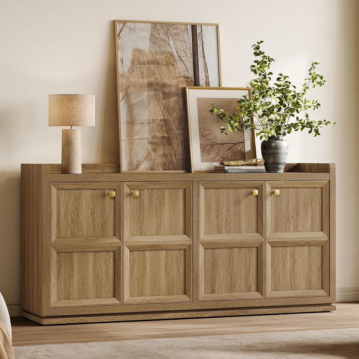 61.7" Buffet Cabinet 4-Door Sideboard Kitchen Living Room Brown Oak