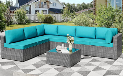 7 Pieces Outdoor Patio Furniture Sets, Patio Sectional Sofa Couch, Silver Gray PE Wicker Furniture Modular Patio Conversation Sets Patio Sofa with Washable Cushions & Coffee Table (Blue)