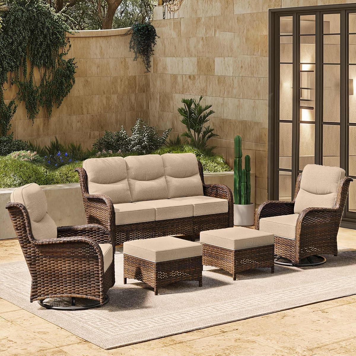 Luxury High Back Patio Furniture Set with 6-Inch Thick Cushion, 5-Piece Outdoor Conversation Set with Sofa, Swivel Rocker Chairs & Ottomans, Ideal for Porch Pool Deck Yard (Beige)