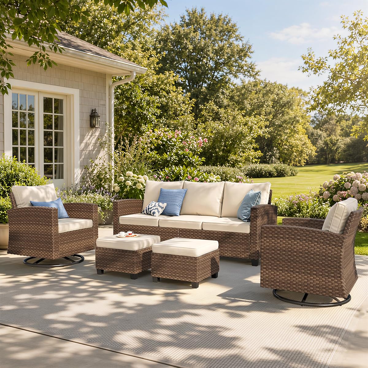 Swivel Glider Patio Furniture Set, 5 Pcs Wicker Rattan Outdoor Conversation Set, 2 x Swivel Chairs, 1 x 3 Seater Sofa and 2 x Ottoman with 4" Thick Cushion, Beige
