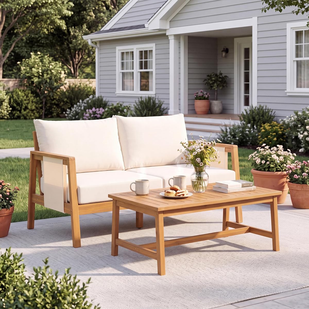 Crew Acacia Wood Outdoor Loveseat and Coffee Table Set
