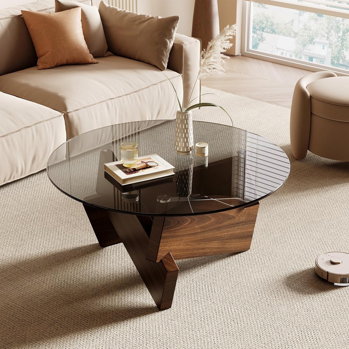 Modern Round Coffee Table, 30.7" x 30.7" x 16.1" Tempered Glass Top for Living Room, Color: Walnut