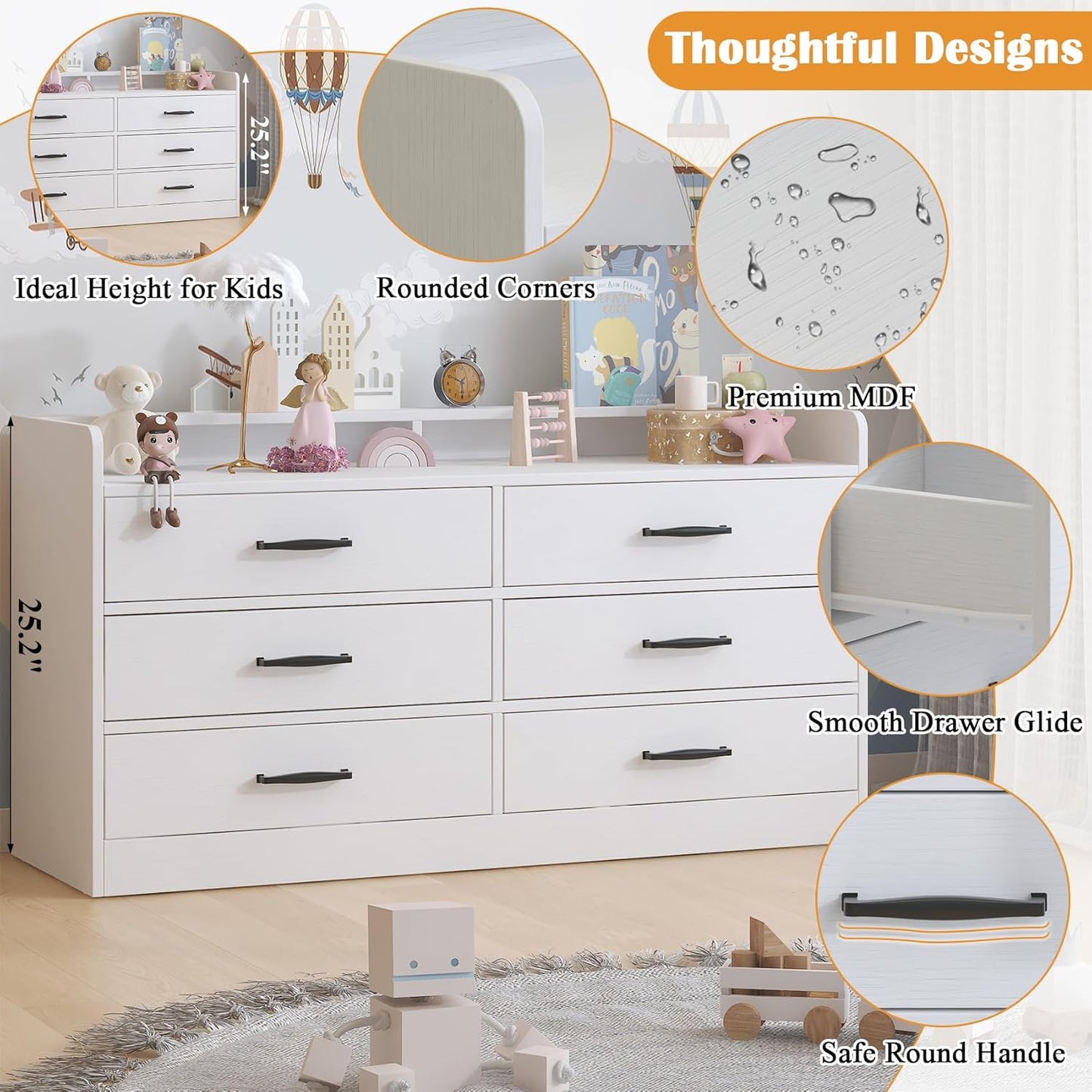 Dresser for Kids Bedroom, Kids Dresser with 6 Deep Drawers for Playroom, Wooden Storage Cabinet with Metal Handles & Anti-Dropping Fence for Toys/Clothes/Books, 15.8" D X 47.2" W X 25.2" H