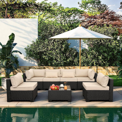 7 Pieces Outdoor Wicker Furniture Conversation Set Patio Sectional Sofa Set Glass Table with Non-Slip Cushions Furniture Cover, Khaki